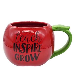 Tag Red Apple Ceramic Mug with "teach INSPIRE GROW" and 3D Green Leaf Handle